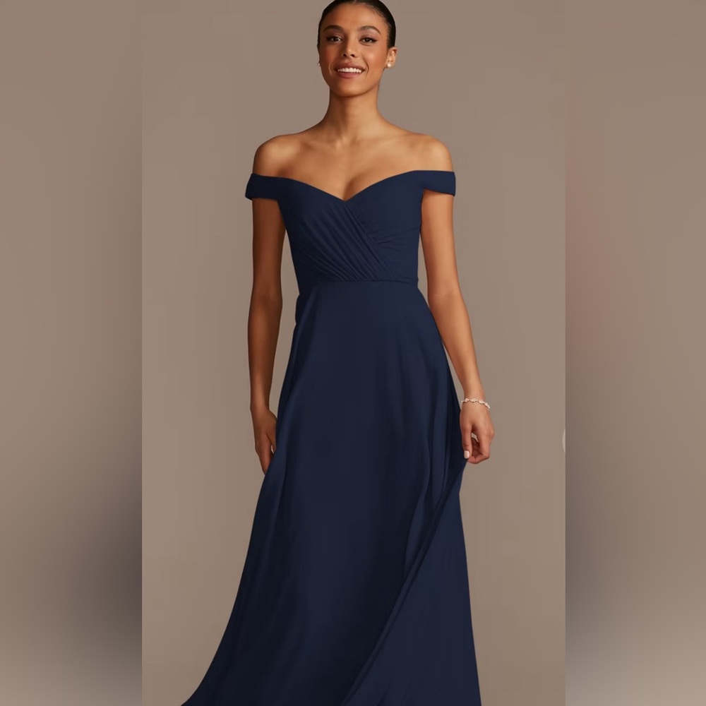 Navy is off the shoulder gown David’s Bridal dress seize 18 bridesmaid